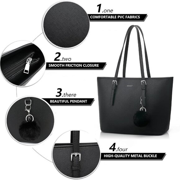 Women Tote Bag PU Leather Large Capacity Shoulder Purse for Work School Shopping - Picture 4 of 8